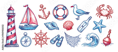 Collection of hand-drawn nautical elements including a lighthouse, sailboat, anchor, and seashells in a vibrant sketch style