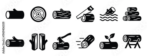 Collection of black and white icons depicting various log and wood-related activities and objects, presented in a clean, graphic style