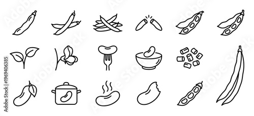 Collection of black outline icons depicting various stages and forms of beans and legumes, presented in a clean, minimalist style