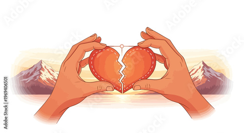 Hands holding broken heart illustration concept of relationships and emotions
