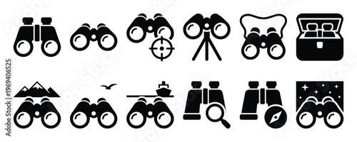 Collection of black and white binoculars icons depicting various uses like hunting, birdwatching, and stargazing