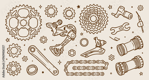 Bicycle gear parts, bike repair tools, cycling hobby background, mountain bike vector, mechanical parts pattern, cycle mechanic line art, hand drawn bicycle doodle
