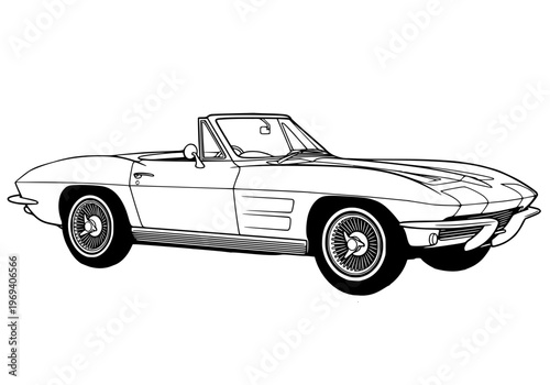 Vintage classic sports car convertible line art illustration, retro american muscle car coloring page