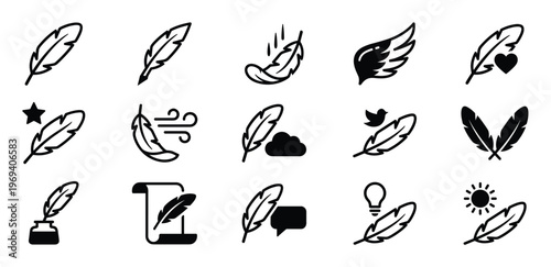 Collection of black outline feather icons, depicting various concepts like writing, lightness, and creativity, presented in a clean, modern style