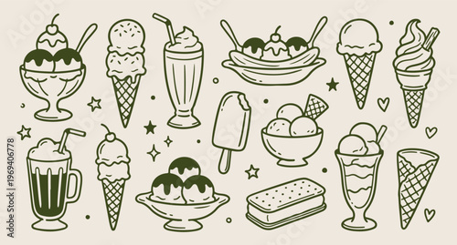 Ice cream cone, sweet milkshake pattern, dessert bar background, summer sweets vector, dairy product line art, cold treats doodle, hand drawn ice cream art
