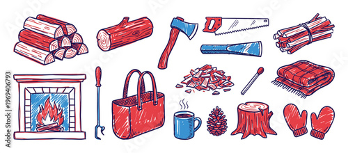Collection of hand-drawn red and blue winter and fireplace items, including logs, an axe, a saw, and a cozy blanket