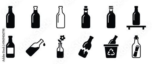 Various black and white bottle icons illustrating different types, states, and uses of bottles, presented in a clean, graphic style