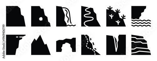 Collection of black silhouette cliff and mountain icons with various natural elements, presented in a clean, graphic style
