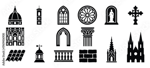 Collection of black silhouette architectural elements and religious symbols, including domes, windows, arches, and crosses, presented as icons