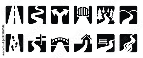 Collection of black and white road and path icons representing various journeys, choices, and destinations