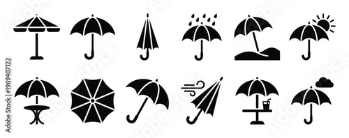 Collection of black umbrella icons in various styles and weather conditions, presented as a graphic set