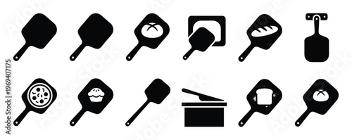 Collection of black silhouette pizza peel and baking tool icons on a clean white surface