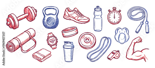 Various hand-drawn fitness and workout equipment, including a dumbbell, kettlebell, sneakers, and stopwatch, in a sketch art style