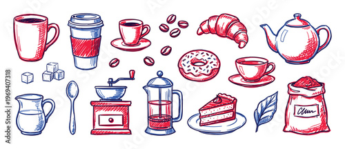 Collection of hand-drawn coffee and breakfast items, including cups, pastries, and brewing equipment, in a vibrant red and blue sketch style