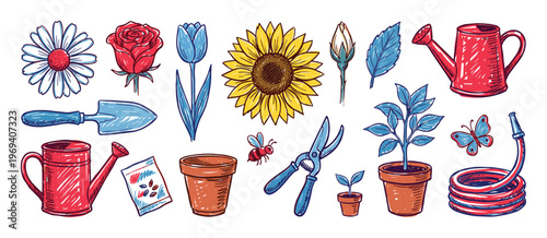 Vibrant collection of hand-drawn gardening tools, flowers, and plants, showcasing a playful and colorful sketch style