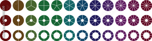 Circle pie chart diagram. Circle division infographic icon set. Loading bar set diagram multicolored collection. Pie chart divided 1,2,3,4,5,6,7,8,9,10, 11, 12 equal parts.	