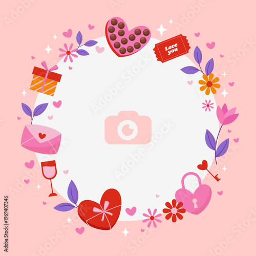 A colorful Valentine's Day themed graphic design with hearts flowers and gifts on a pink background