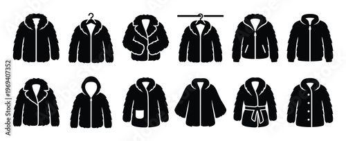 Collection of black silhouette fur coats and jackets in various styles, including hooded, belted, and zippered designs