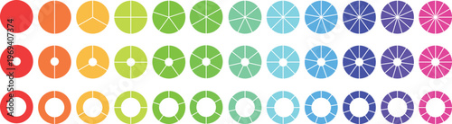 Circle pie chart diagram. Circle division infographic icon set. Loading bar set diagram multicolored collection. Pie chart divided 1,2,3,4,5,6,7,8,9,10, 11, 12 equal parts.	