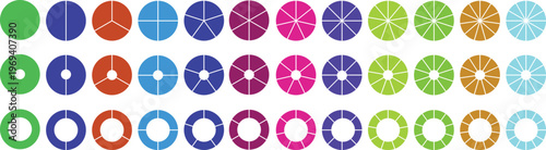 Circle pie chart diagram. Circle division infographic icon set. Loading bar set diagram multicolored collection. Pie chart divided 1,2,3,4,5,6,7,8,9,10, 11, 12 equal parts.	