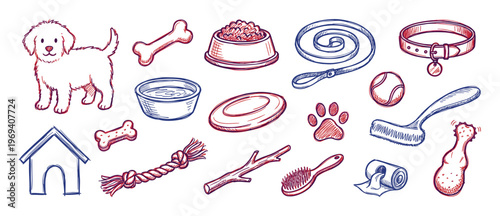 Collection of hand-drawn dog accessories and pet care items, including a cute puppy, bones, bowls, leash, and toys, rendered in a charming sketch style