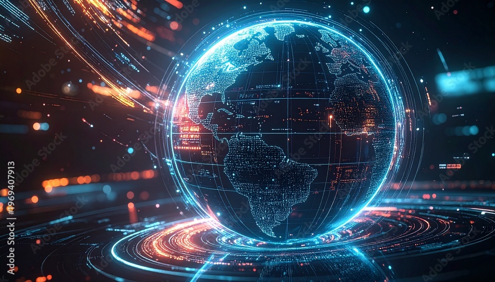 Fototapeta premium Futuristic Globe with Neon Lights and Circuits.