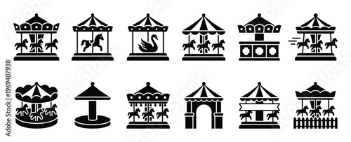 Collection of various black silhouette carousel and merry-go-round icons, depicting different styles and animals, presented in a clean, graphic manner