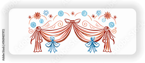 Vintage Decorative Drapery with Floral Ornament, Elegant Curtain Swag Illustration, Classic Ribbon Banner Design