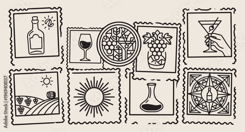 Italian pizza and pasta, wine and grapes stamps, mediterranean food icons, tuscan kitchen vector, italian restaurant background, olive oil line art, hand drawn italy stamps
