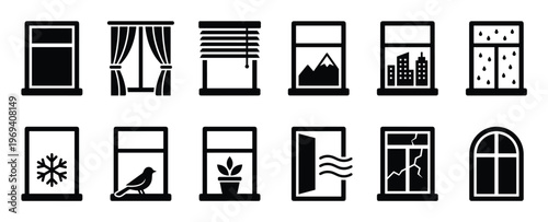 Collection of twelve black and white window icons depicting various scenes, weather, and styles