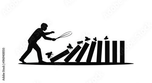 Silhouette of a person starting a chain reaction with dominoes and small flying insects