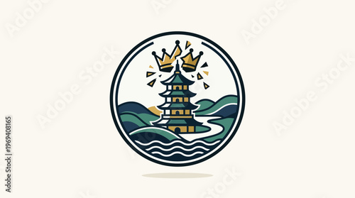 Elegant Japanese Pagoda Logo with Crowns and Landscape