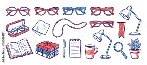 Various hand-drawn illustrations of everyday objects including eyeglasses, books, lamps, and office supplies in a vibrant, sketchy style