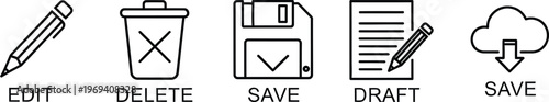 Document Management Icons for Edit Delete Save Draft and Cloud Download Vector