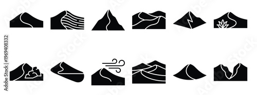 Collection of twelve black silhouette desert and mountain landscape icons with various shapes and details