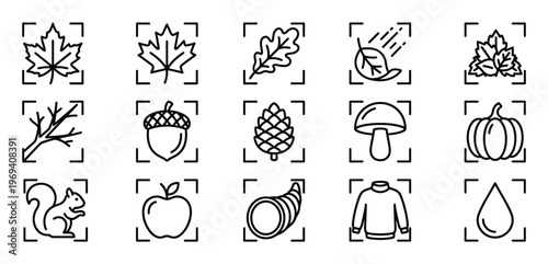 Collection of black outline autumn season icons including leaves, acorn, pumpkin, and squirrel, presented in a clean, minimalist style