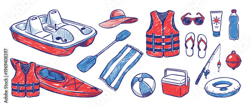 Collection of hand-drawn red and blue summer vacation items, including a pedal boat, kayak, and life vests