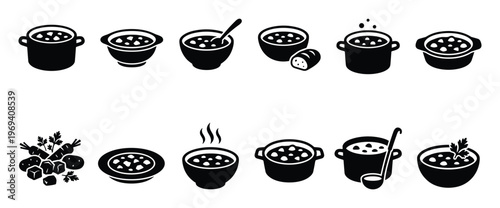 Collection of black and white icons depicting various bowls and pots of soup, some with spoons or bread
