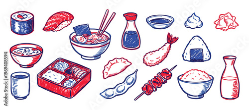 Vibrant collection of hand-drawn Japanese food illustrations in red and blue sketch style, showcasing various traditional dishes