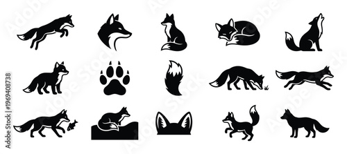 Collection of various black fox silhouettes in different poses and actions, including jumping, sitting, running, and howling, with some showing a paw print, tail, and ears