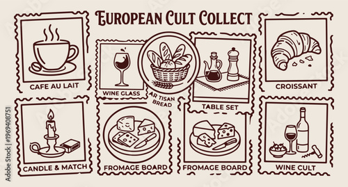 European food culture, wine and cheese stamps, bakery product line art, gourmet dining icons, french cafe background, culinary travel vector, hand 