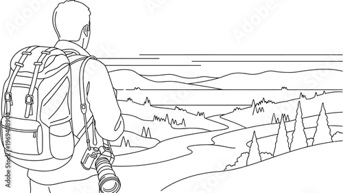 Man with backpack and camera looks out at scenic landscape