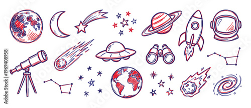 Collection of hand-drawn space and astronomy elements in red and blue sketch style, including planets, stars, rockets, and telescopes