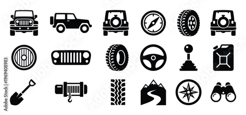 Collection of black and white off-road vehicle and adventure equipment icons, presented in a clean, graphic style