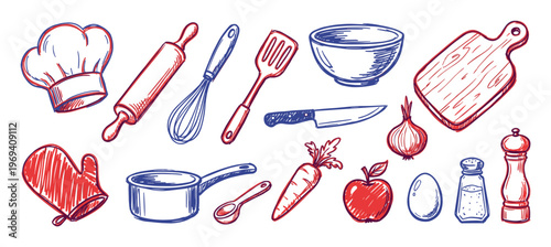Various hand-drawn red and blue kitchen utensils and food items are scattered across a clean white surface in a playful doodle style