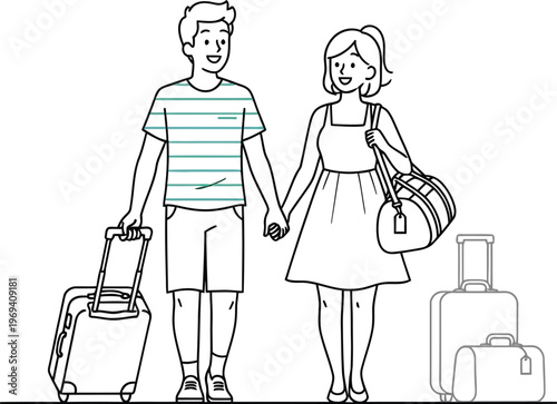 Happy couple walking hand in hand with luggage for travel adventure