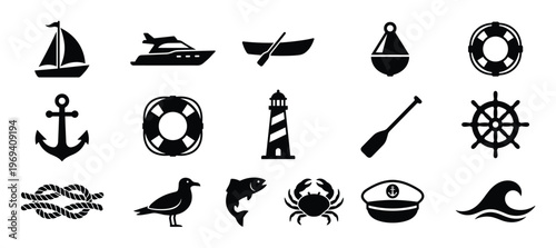 Collection of nautical themed black silhouette icons including boats, anchors, a lighthouse, and marine life, presented in a clean, graphic style