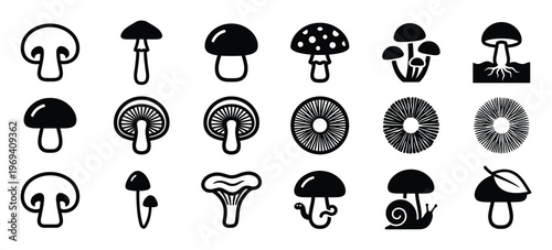 Various black and white mushroom icons are neatly arranged in rows, showcasing different shapes and styles