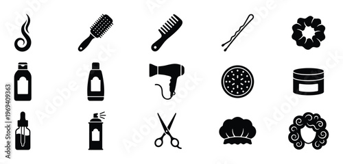 Comprehensive collection of fifteen black silhouette icons representing various hair care products and styling tools