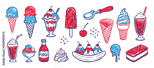 Collection of hand-drawn red and blue ice cream treats, milkshakes, and desserts in a playful doodle style